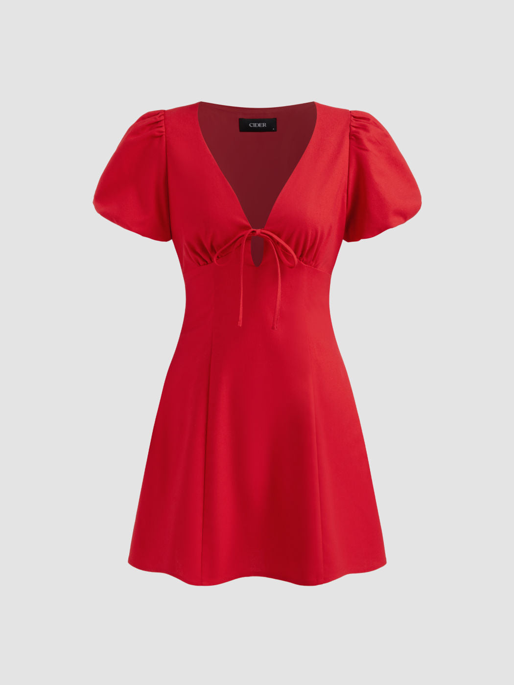 Linen-blend V-neck Tie Front Bow Puff Sleeve Mini Dress