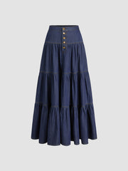 Denim High Rise Solid Tiered Button Pocket Maxi Skirt
