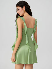 Satin Ruched Ruffle Hem Mini Dress