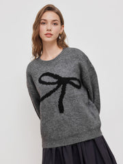 Knit Round Neckline Bowknot Oversized Sweater