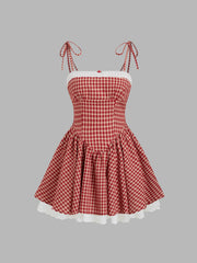 Cotton-blend Gingham Broderie Anglaise Trim Shirred Ruffle Mini Dress