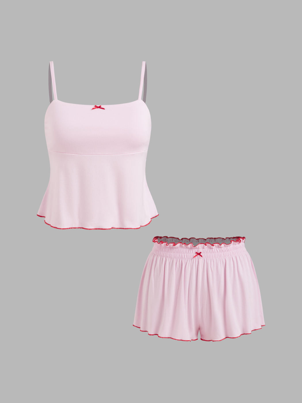Square Neck Bowknot Contrasting Binding Cami Top & Low Rise Lettuce Trim Shorts Loungewear Set