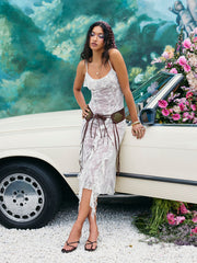Lace V-neck Floral Ruffle Hem Maxi Dress
