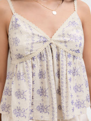 Linen-blend V-neck Floral Lace Trim Ruffle Tank Top