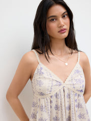 Linen-blend V-neck Floral Lace Trim Ruffle Tank Top