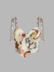 V-neck Floral Bowknot Shirred Crop Cami Top