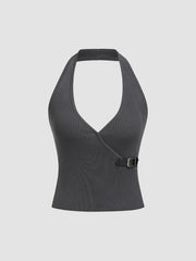 Knit Halter Neck Belted Tank Top