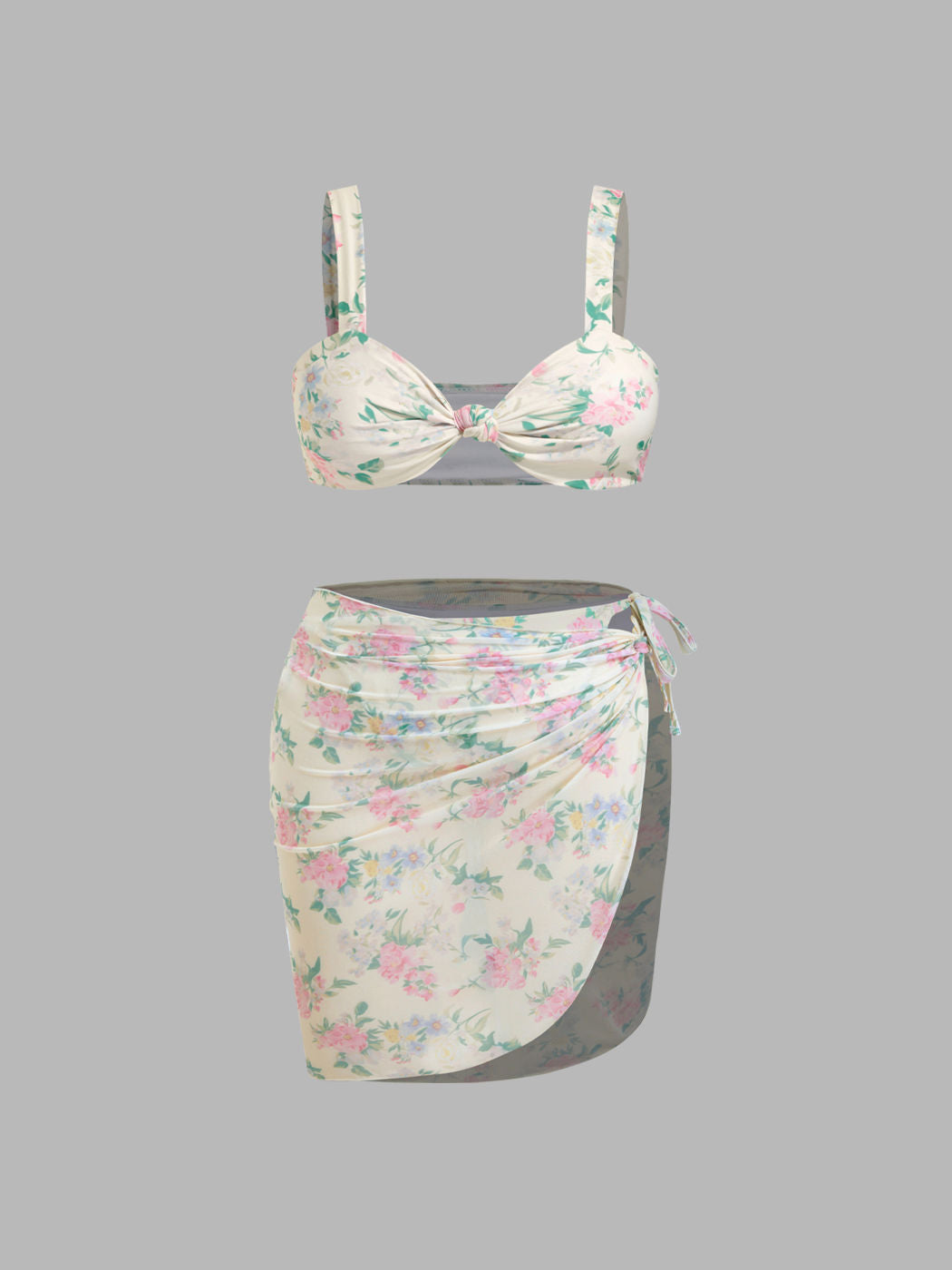 Sweetheart Floral Knotted Ruched Bracelet Tie Side Bikini Set With Twist Sarong Curve & Plus