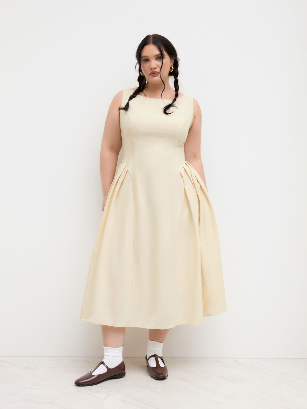 Linen-blend Boat Neck Backless Ruffle Hem Midi Dress Curve & Plus