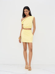 Linen-blend Asymmetrical Neck Elastic Waist Crop Top With Mini Skirt