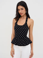 Knit Halter Neck Polka Dot Ruffle Hem Tank Top