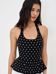Knit Halter Neck Polka Dot Ruffle Hem Tank Top