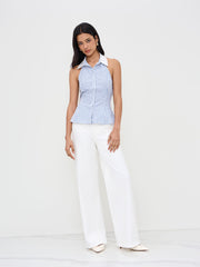 Cotton-blend Halter Neckline Stripe Backless Top