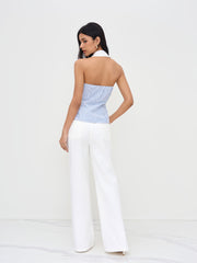 Cotton-blend Halter Neckline Stripe Backless Top