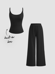Built-in Bra U-neckline Cami Top & Mid Rise Wide Leg Trousers Loungewear Set