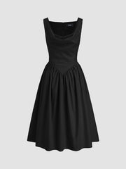 100% Cotton Cowl Neck Ruffle Zipper Midi Dress