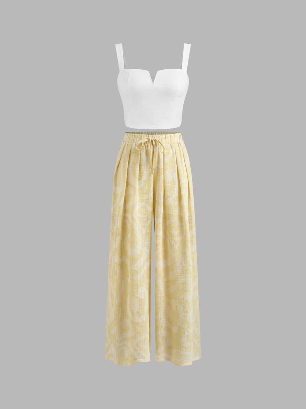 Square Neck Solid Crop Tank Top With High Rise Abstract Knotted Wide Leg Trousers