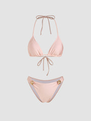 Halter Neckline Shell Detail Knotted Triangle Cheeky Bikini Set