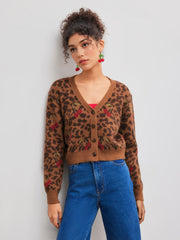Knit V-neck Leopard Cherry Button Cardigan