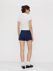 Stretch Denim Low Rise Wrap Belted Micro Mini Skort