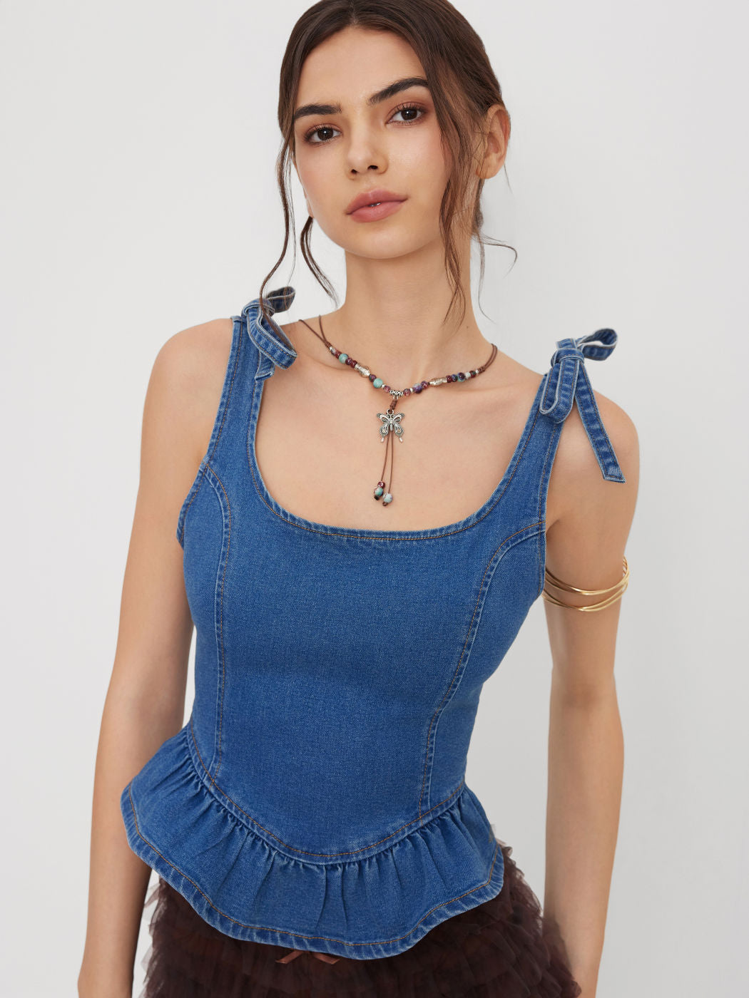 Stretch Denim Ruffle Hem Bowknot Cami Top