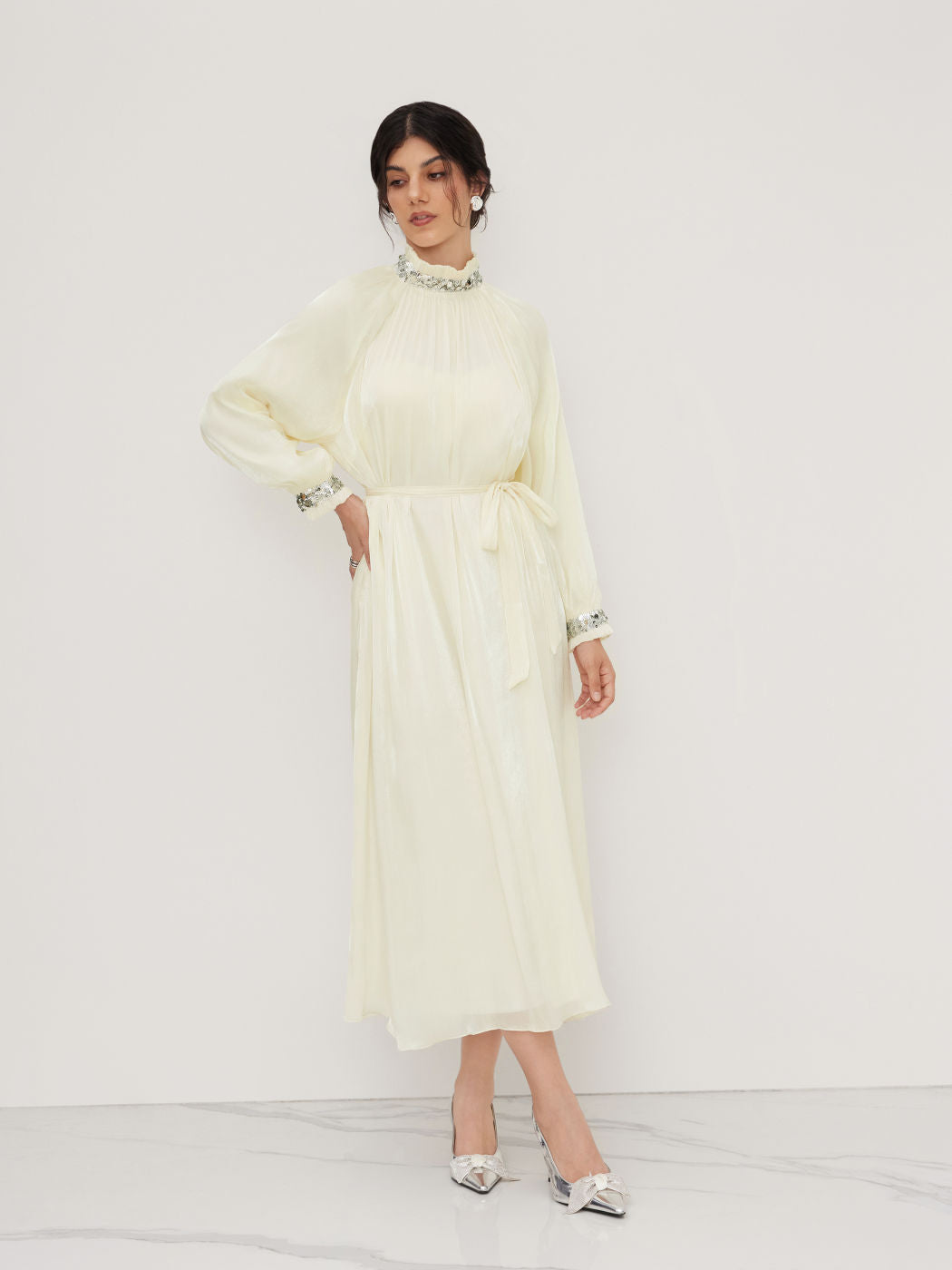 Stand Collar Sequin Detail Knotted Ruffle Maxi Dress