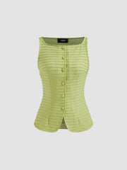 Boat Neck Texture Button Up Tank Top