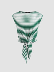 Cotton-blend Boat Neck Stripe Knotted Tee