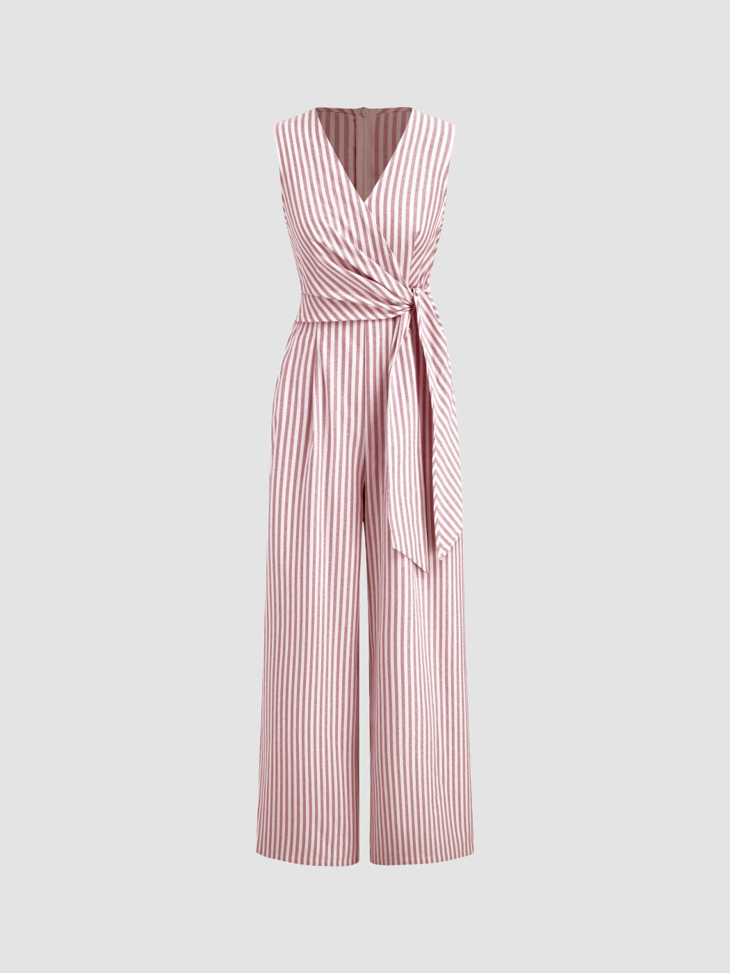Cotton-blend V-neck Striped Knotted Wide Leg Jumpsuit