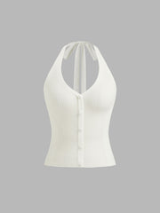 Knit Halter Neckline Rib Button Crop Top