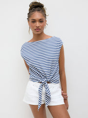 Cotton-blend Boat Neck Stripe Knotted Tee