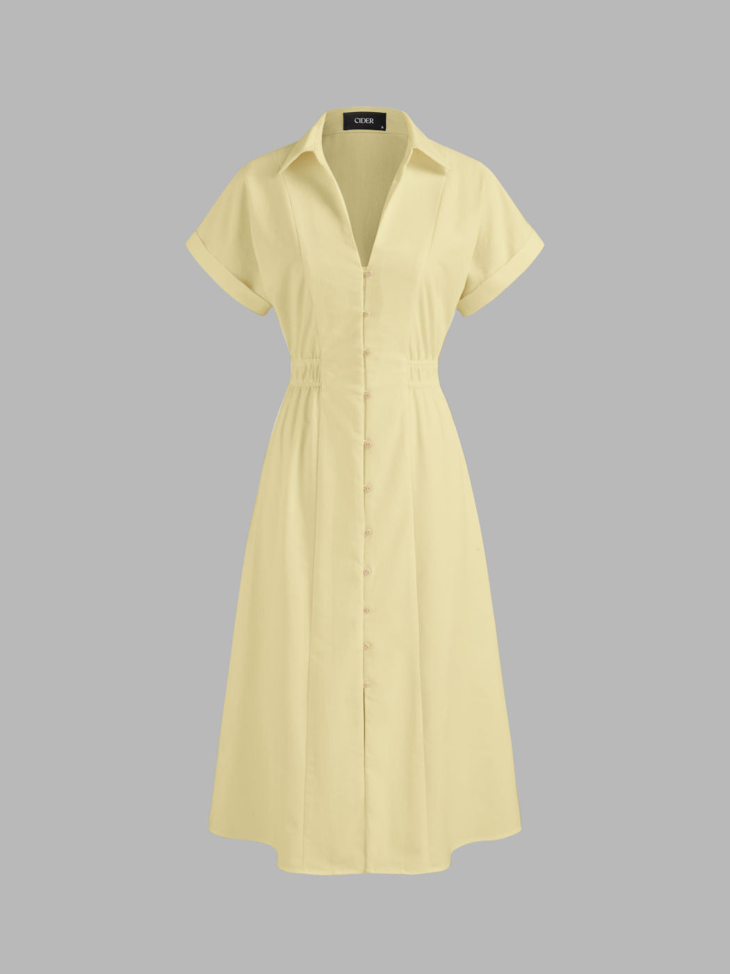 Linen-blend Collar Solid Shirred Button Midi Shirt Dress