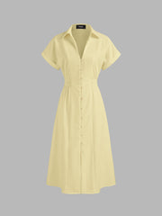 Linen-blend Collar Solid Shirred Button Midi Shirt Dress