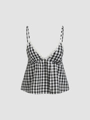 Cotton-blend V-neck Lace Trim Cami Top & Mid Rise Gingham Shorts Loungewear Set