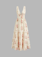 V-neck Lace Trim Floral Lace Up Layered Maxi Dress