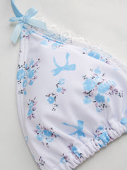 V-neck Floral Bowknot Halter Bikini Set & Cover Up Skirt