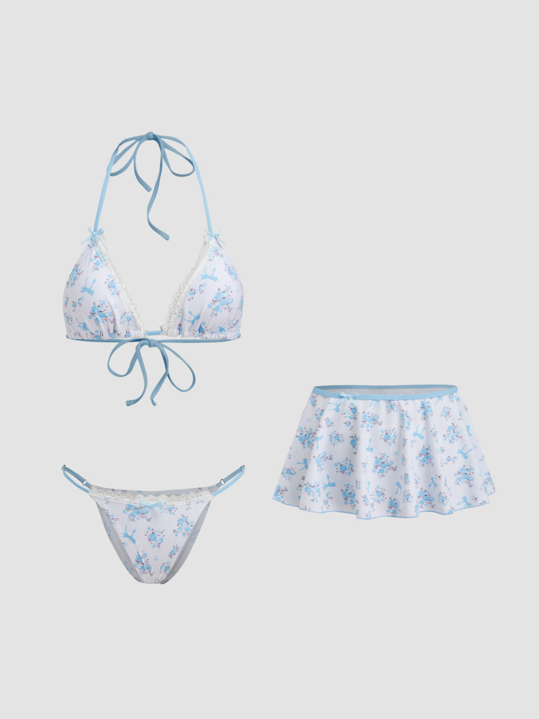V-neck Floral Bowknot Halter Bikini Set & Cover Up Skirt