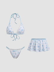 V-neck Floral Bowknot Halter Bikini Set & Cover Up Skirt