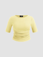 Round Neckline Ruched Middle Sleeve Tee Curve & Plus
