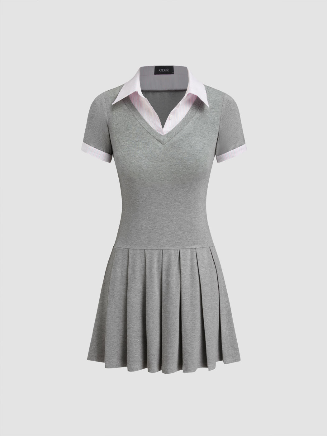 Cotton Collar Stripe Pleated Two Tone Mini Dress