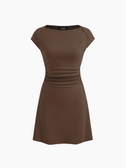 Cotton-blend Boat Neck Solid Ruched Mini Dress