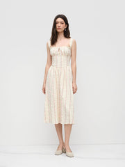 Cotton-blend Square Neck Ditsy Floral Knotted Shirred Midi Dress