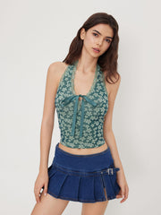 Halter Neckline Floral Lace Trim Knotted Crop Top