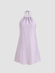 Linen-blend Halter Neckline Drawstring Mini Dress