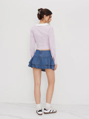 Denim Mid Rise Drawstring Layered Mini Skirt