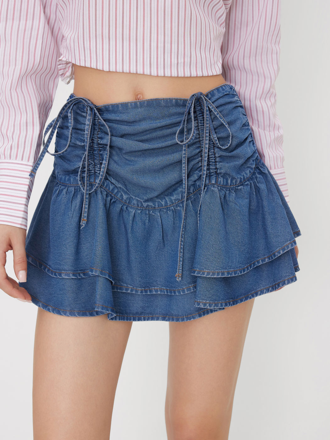 Denim Mid Rise Drawstring Layered Mini Skirt