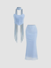 Mesh Halter Neckline Crop Bandeau Top & High Rise Ruched Mermaid Maxi Skirt Set