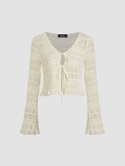 V-neck Shirred Tie Front Lettuce Trim See-through Blouse