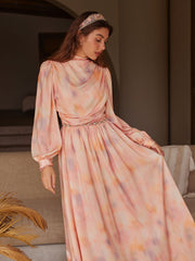 Satin Stand Collar Gradient Ruched Ruffle Lantern Sleeve Maxi Dress