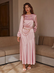 Satin Round Neckline Cinched Waist Ruffle Maxi Dress